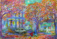 "Calle con árboles, gente y colores"