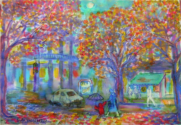 "Calle con árboles, gente y colores"