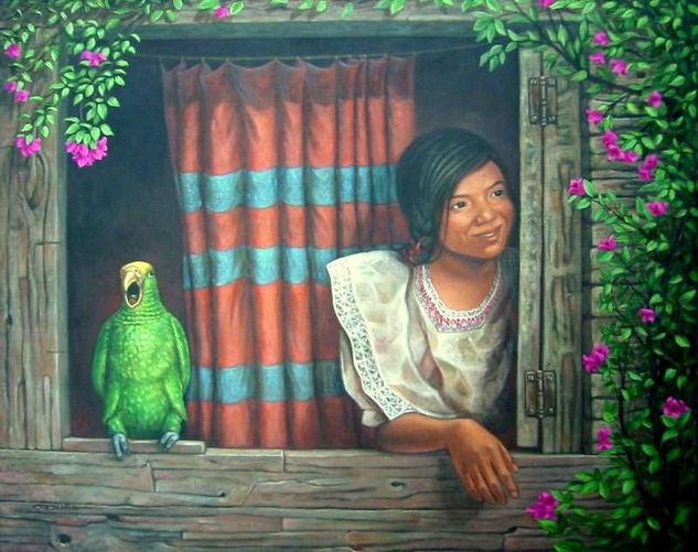 La niña y el perico Oil Canvas Portrait