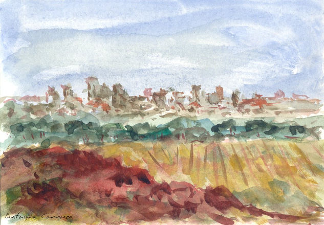 Ciudad al fondo en verano Watercolour Card Landscaping