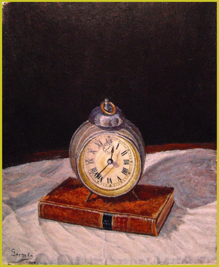 libro y reloj Oil Canvas Still Life Paintings