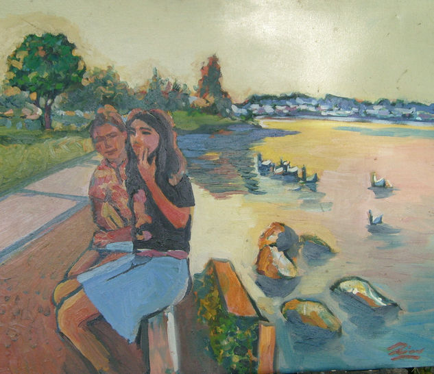 NIÑAS EN LA LAGUNA Oil Canvas Landscaping