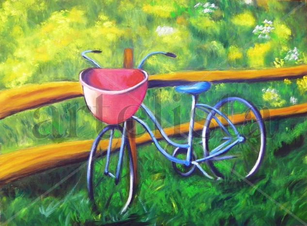 Bicicleta azul. Oil Textile Landscaping