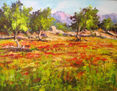 Campo de amapolas con árboles