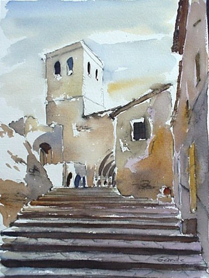 Iglesia de Guimerá II Acuarela Papel Paisaje