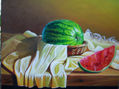 BODEGON DE SANDIA CON TELA Y CESTO