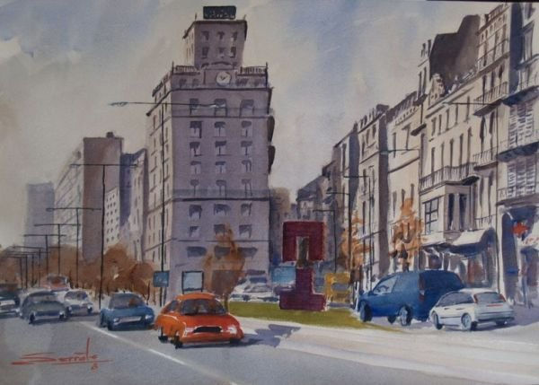 Avenida Madrid-Lleida Acuarela Papel Paisaje