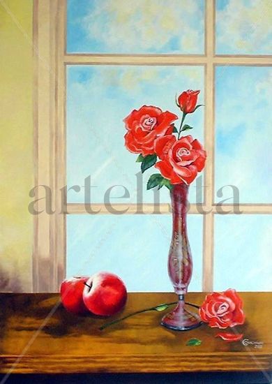 Rosas na janela Oil Textile Floral Painting