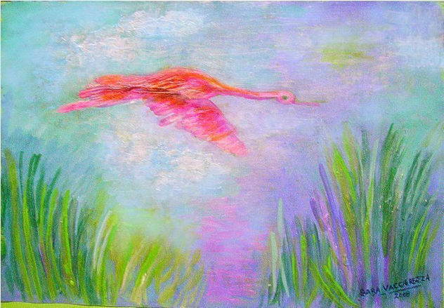 "Pájaro rosado volando"