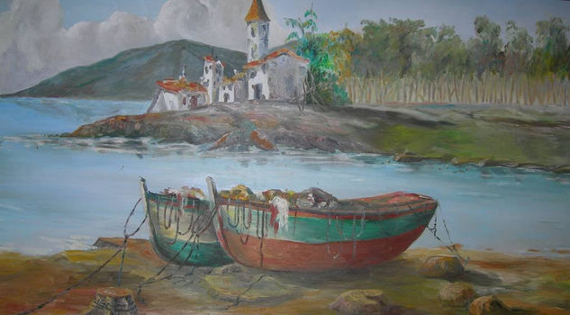 Barcas en la orilla Óleo Lienzo Paisaje