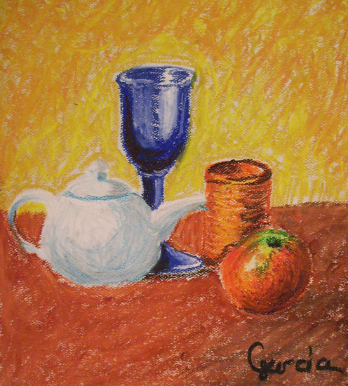 Vino, tetera y manzana. Pastel Paper Still Life Paintings