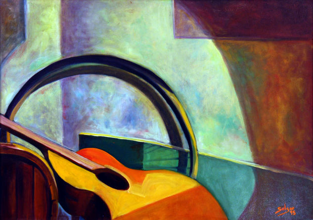 Vino y Guitarra Oil Panel Still Life Paintings