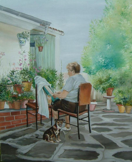 mi madre y mi perro Oil Canvas Portrait