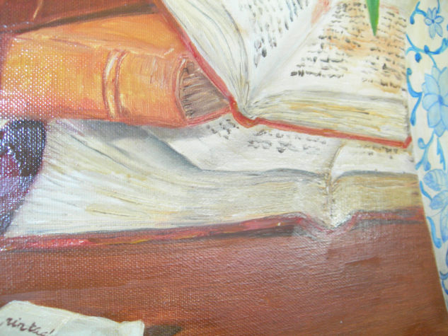 detalle, tulipanes y libros 