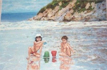 Mis hijos en la playa del Aguilar. (no venta) Oil Canvas Landscaping