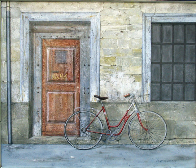 PUERTA CON BICICLETA. Oil Canvas Landscaping