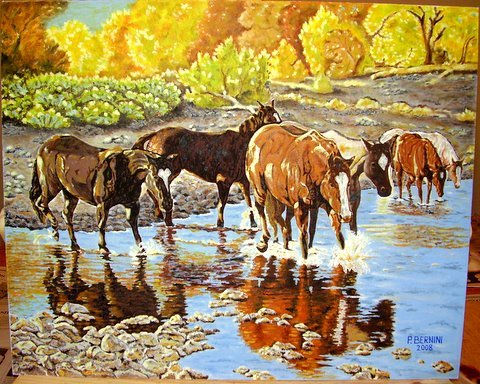 Caballos al atardecer Oil Canvas Landscaping