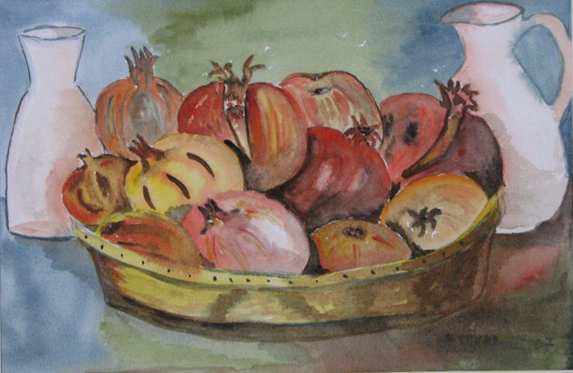 Frutera con Caquis Watercolour Paper Still Life Paintings