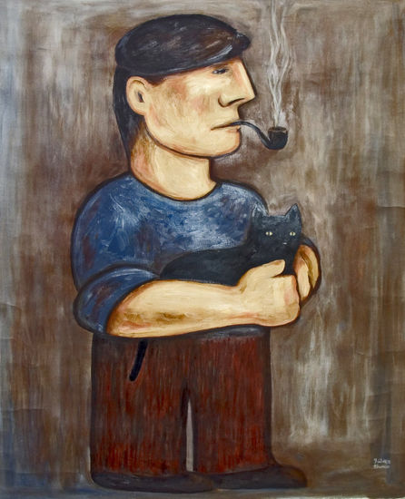 Hombre con gato Oil Canvas Figure Painting