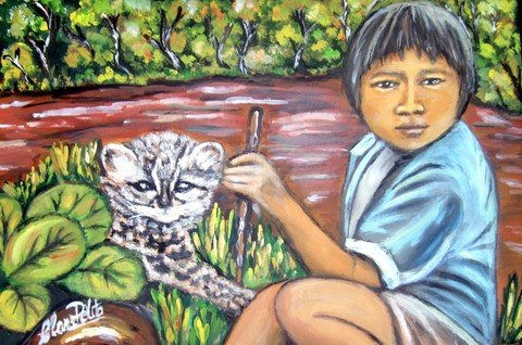 "Niño guaraní jugando con gato tirica" Acrylic Canvas Landscaping