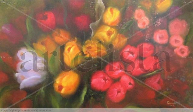 MIS TULIPANES. Oil Canvas Floral Painting