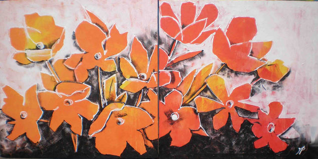 flores naranjas diptico 80x80 Oil Canvas Floral Painting