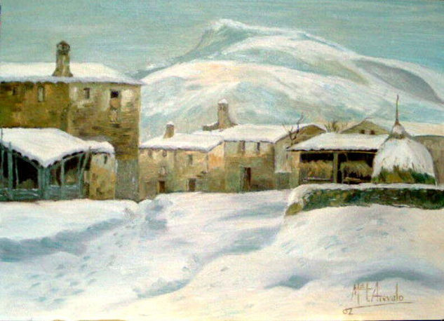 pueblo castellano nevado Óleo Lienzo Paisaje