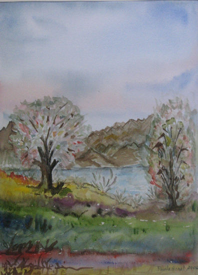 Paisaje con árboles y lago Acuarela Papel Paisaje