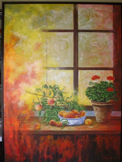 BODEGÓN CON MELOCOTONES Y GERANIOS Oil Canvas Still Life Paintings