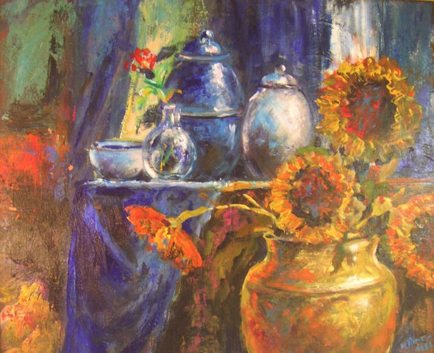 Girasoles en Azul. Oleo. Oil Canvas Still Life Paintings