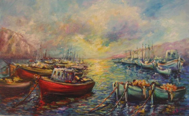 Barcas en Espera. Oleo. 61x38 Oil Canvas Marine Painting