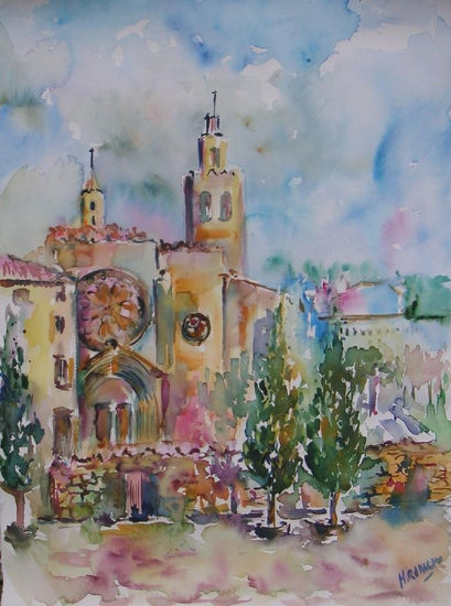 Monasterio de Sant Cugat del Valles. Barcelona Watercolour Paper Landscaping