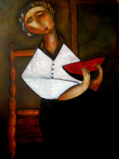 mujer sentada comiendo sandia Oil Canvas Landscaping