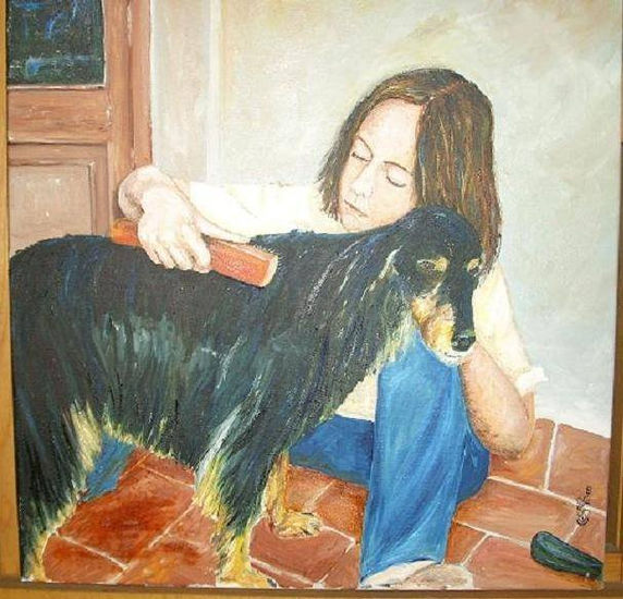 niña con perro Oil Canvas Figure Painting