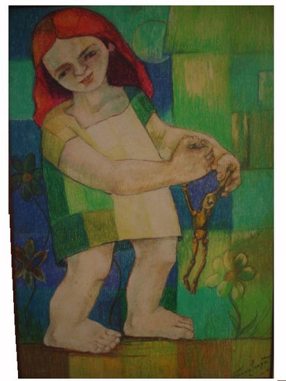 niña con maniqui Pastel Others Figure Painting