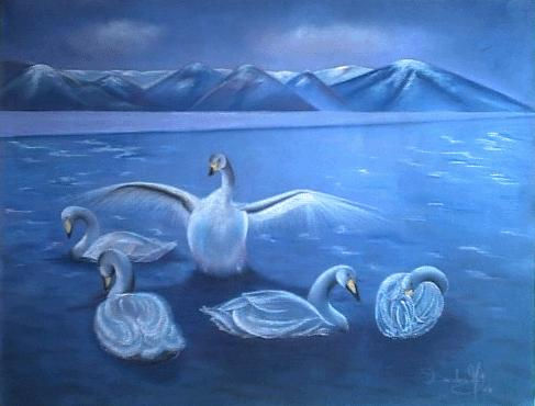 Cisnes en paisaje azul Pastel Papel