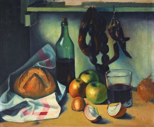 Pan, vino, chorizos y manzanas Oil Textile Still Life Paintings