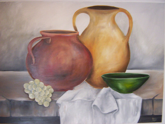 CACHARROS Y UVAS Oil Panel Still Life Paintings