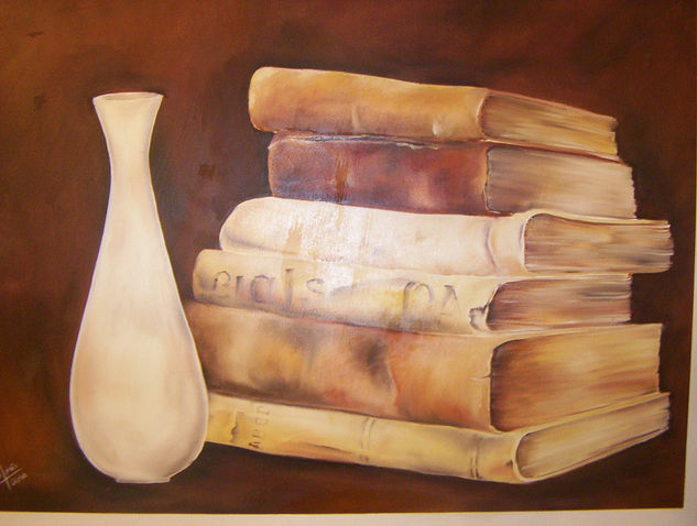 LIBROS CON JARRON Oil Panel Still Life Paintings