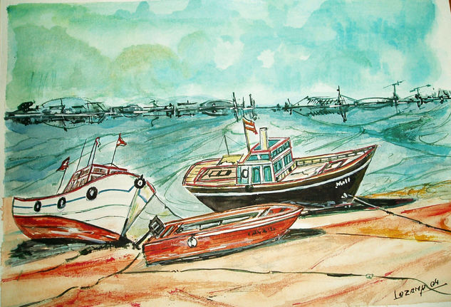 Barcos amarrados en Laredo. España. Watercolour Paper Marine Painting