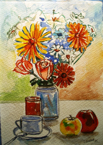 Flores con taza de café Watercolour Paper Floral Painting