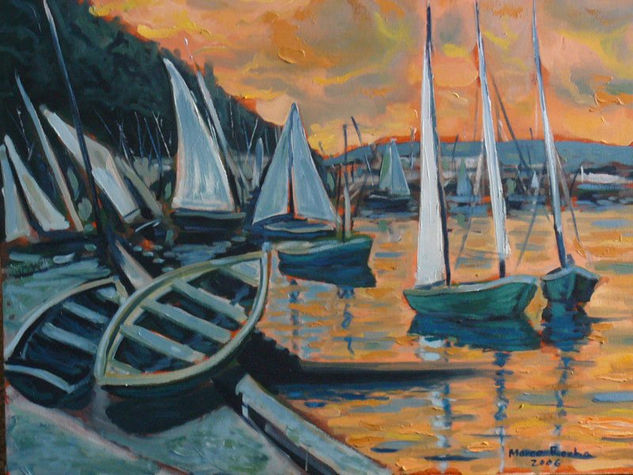 Embarcaciones al atardecer- Puerto Montt, Chile Oil Canvas Marine Painting