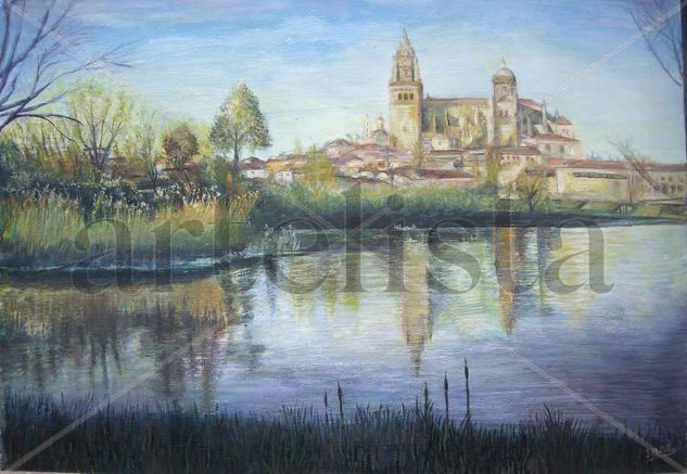 Vista de la Catedral de Salamanca sobre el rio Tormes. Óleo Otros Paisaje