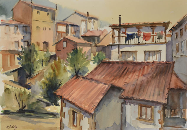 Tejados y Casas Acuarela Papel Paisaje