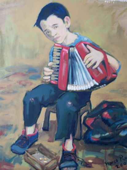 Niño y su acordeón Oil Canvas Figure Painting