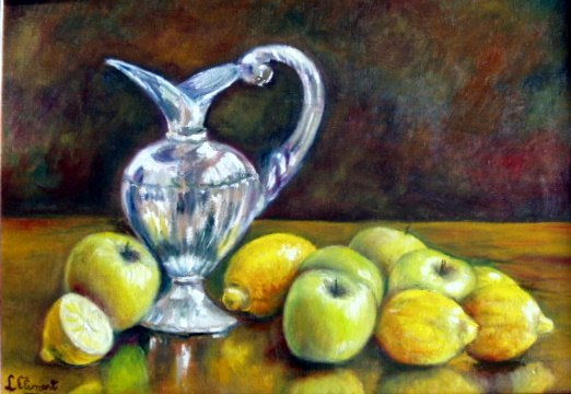 Jarra de plata y frutas Oil Canvas Still Life Paintings