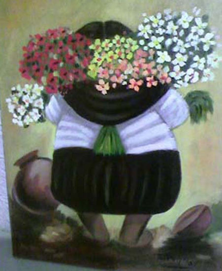 caminando con flores Oil Canvas Figure Painting