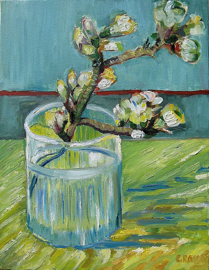 Rama de almendro en flor en un vaso - Copia de Van Gogh Óleo Lienzo Floral