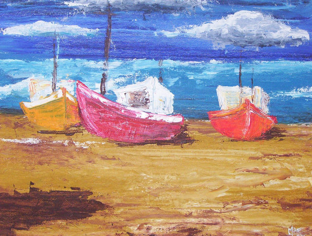 PESCADORES PUNTA DEL DIABLO I Oil Panel Marine Painting