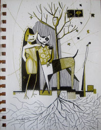 Gato, árbol y pájaro